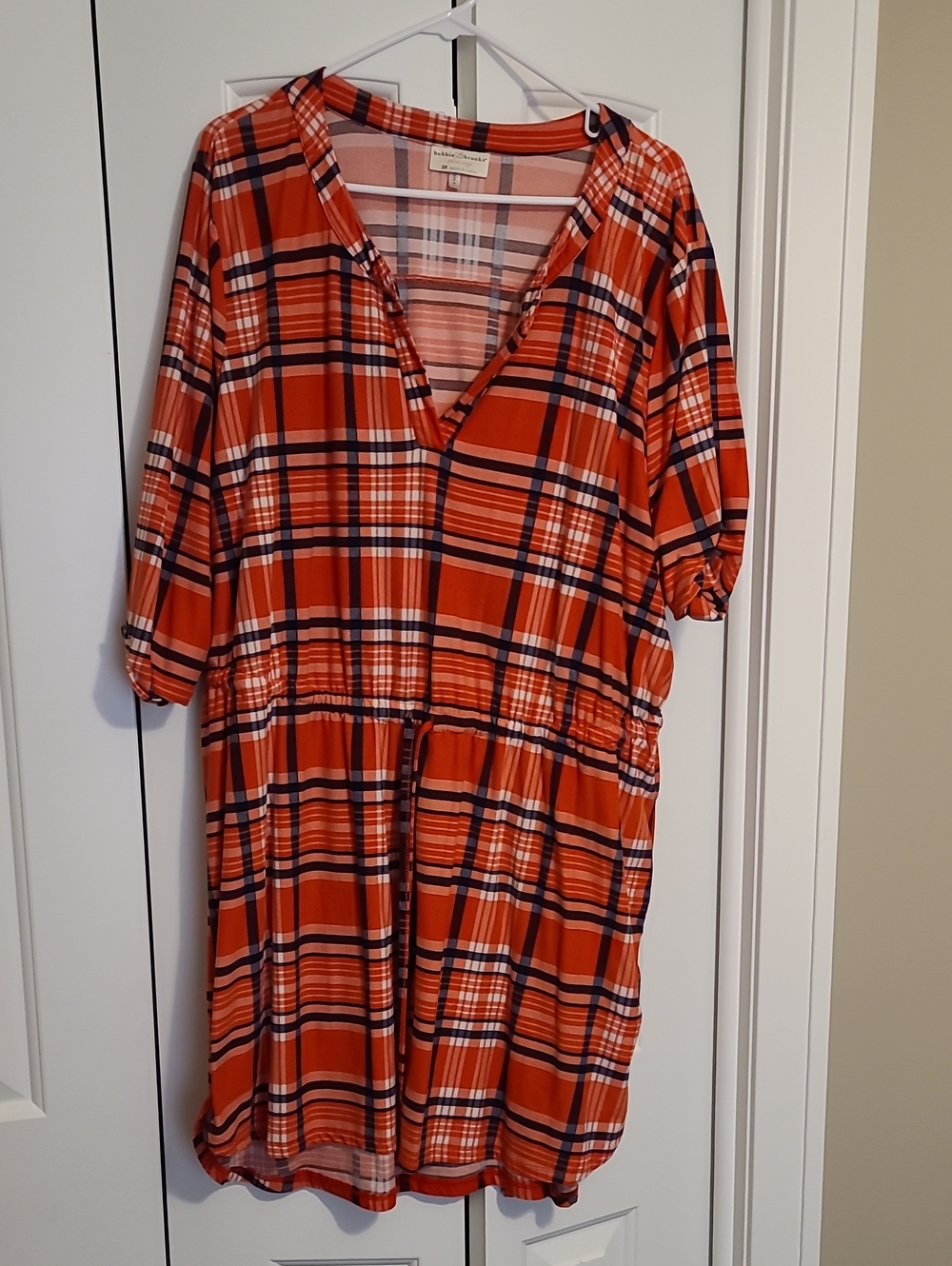 Bobbie Brooks Orange Plaid Midi Dress with Drawstring Waist